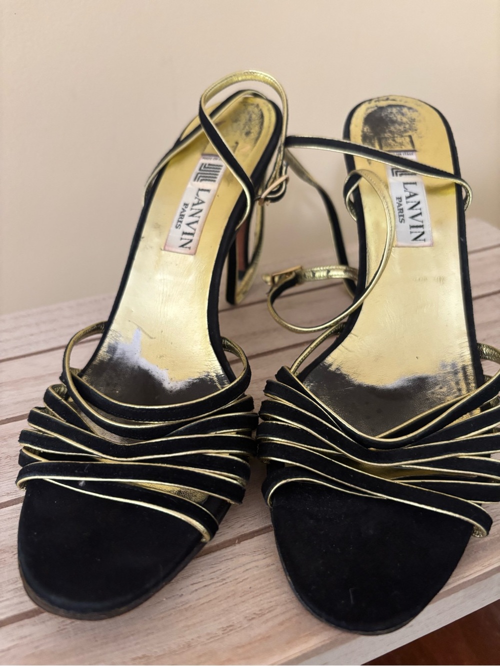 Lanvin| Vintage Black & Gold Suede Strappy Cross-Ankle 2.5” Heels Paris Sz 8.5